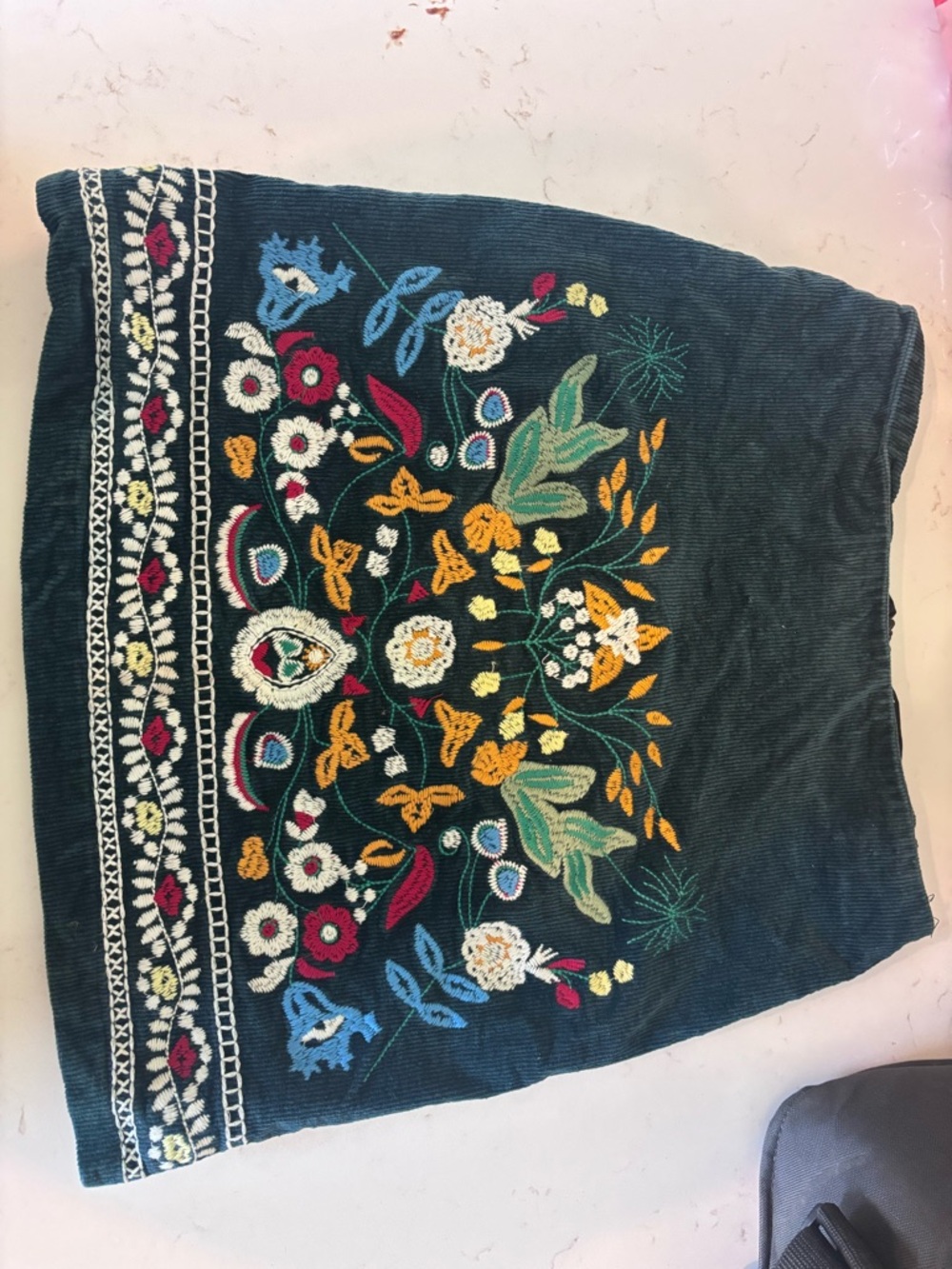 Simplee Teal Corduroy Skirt with Multicolor Floral Embroidery